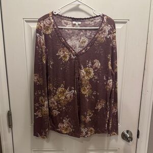 Maurices Mauve Floral Long-Sleeve V-Neck Top